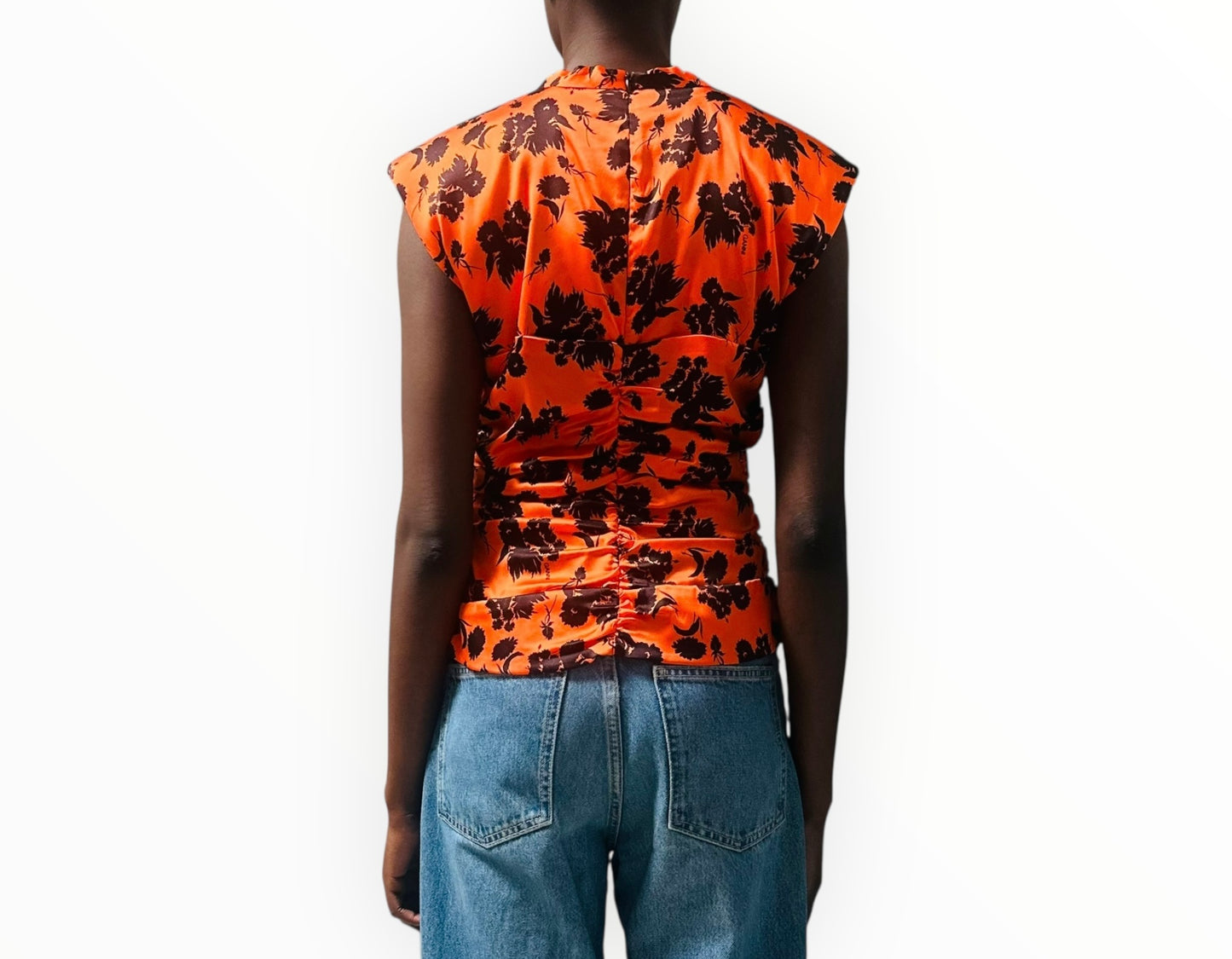 Ganni Ruched Front Top - Orange/Black - Size 38