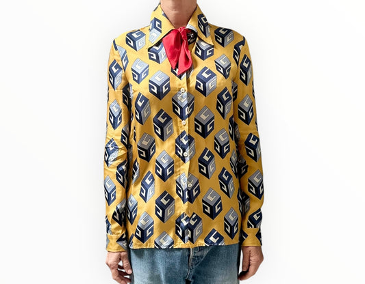 Gucci Cube Print Silk Shirt - Yellow/Blue - Size 42