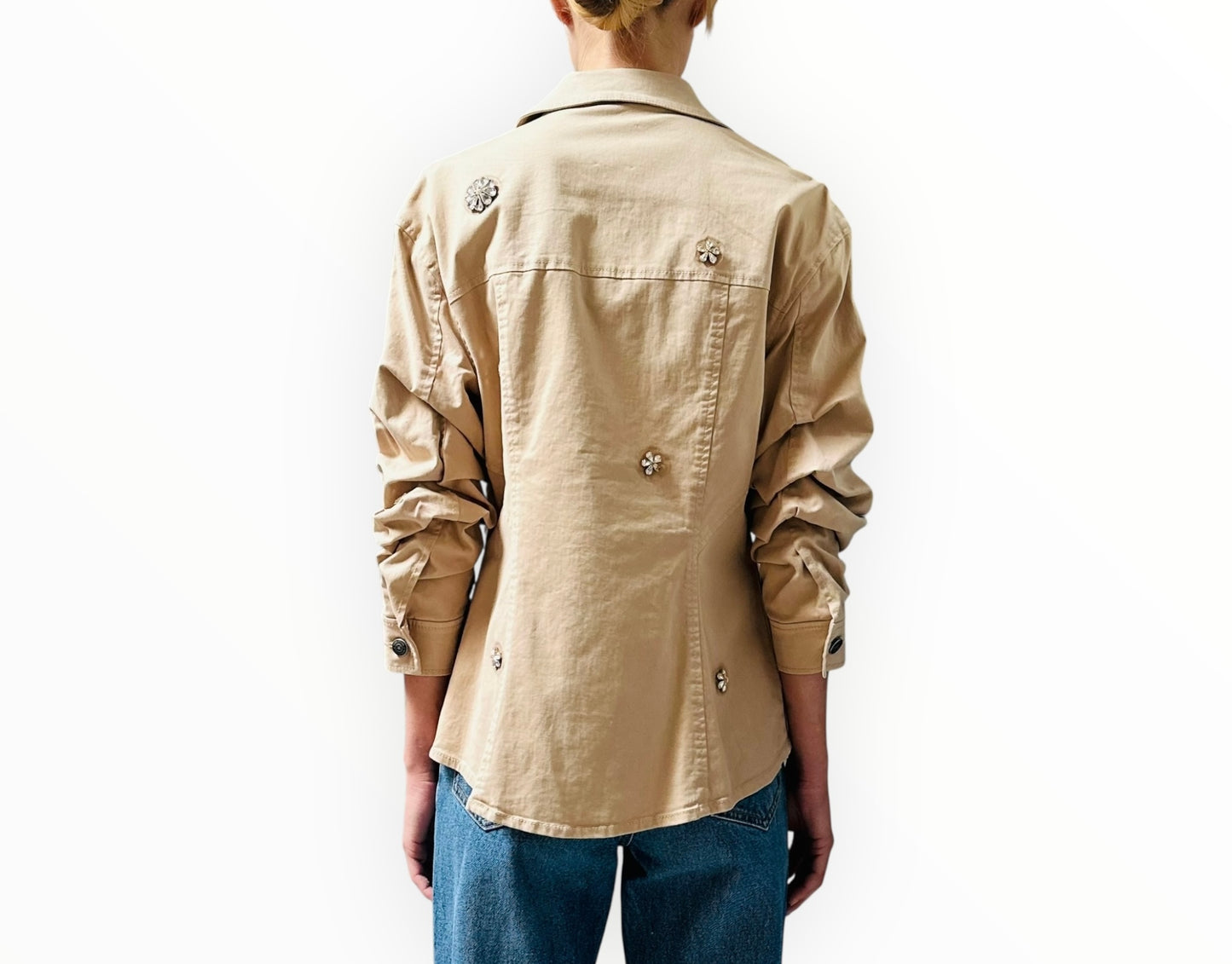 Cinq A Sept Canyon Embellished Scrunched Denim Jacket - Light Khaki - Size M