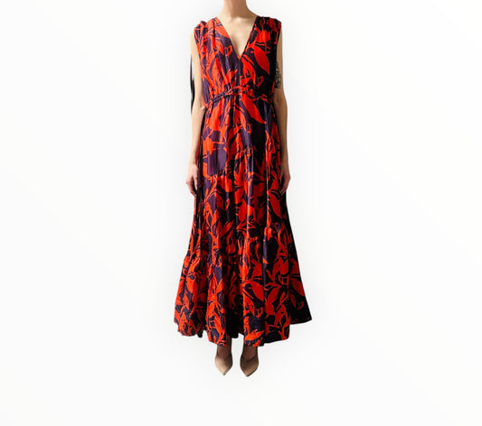 Lee Mathews Abstract Print Tiered Silk Dress - Red/Navy - Size 3