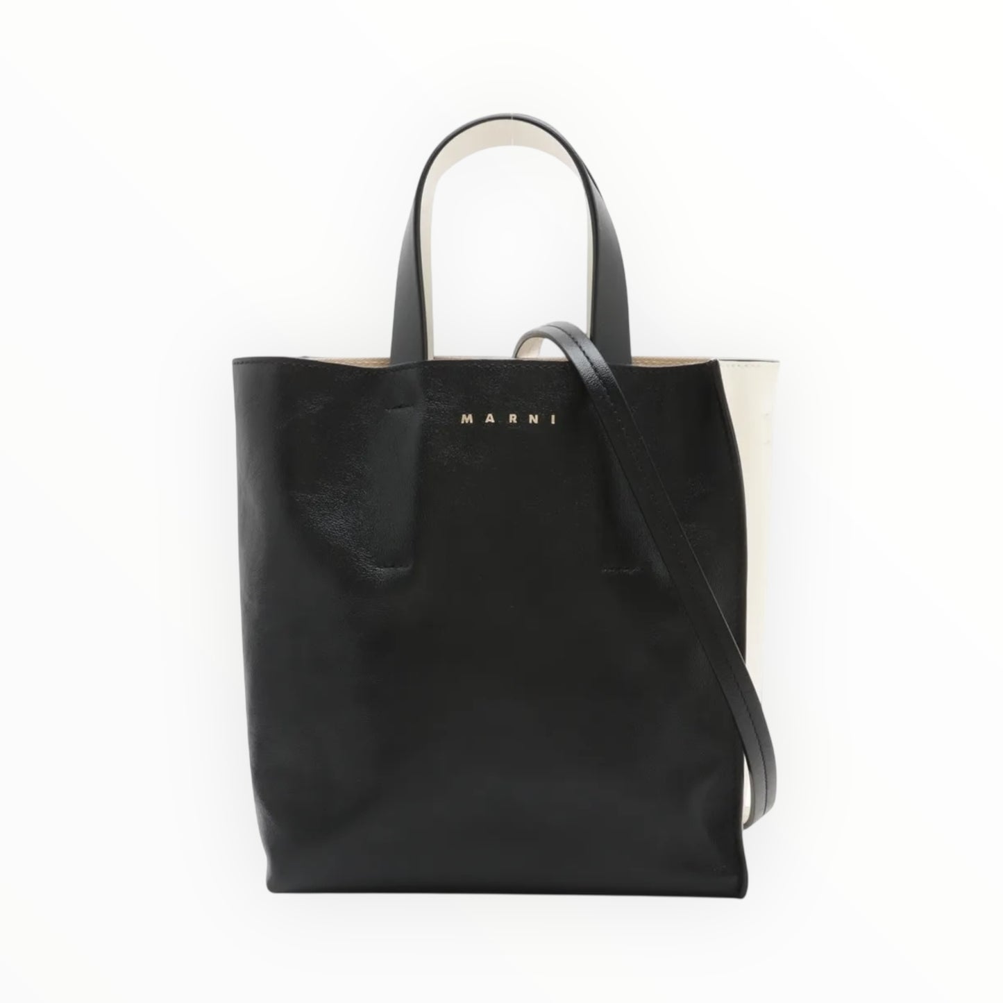 Marni Museo Leather 2 Way Handbag - Black/White - Size W19cm x H21.5cm x D10.5cm