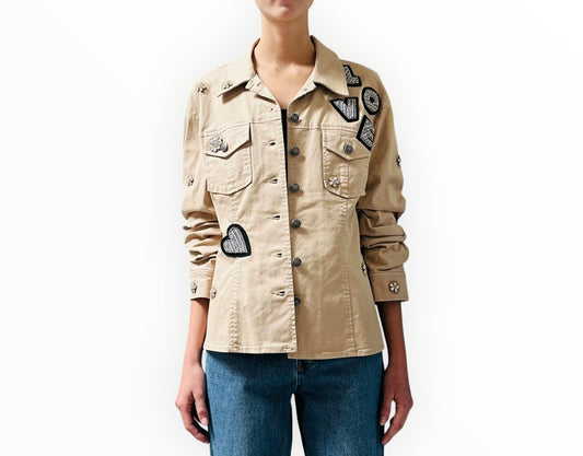 Cinq A Sept Canyon Embellished Scrunched Denim Jacket - Light Khaki - Size M