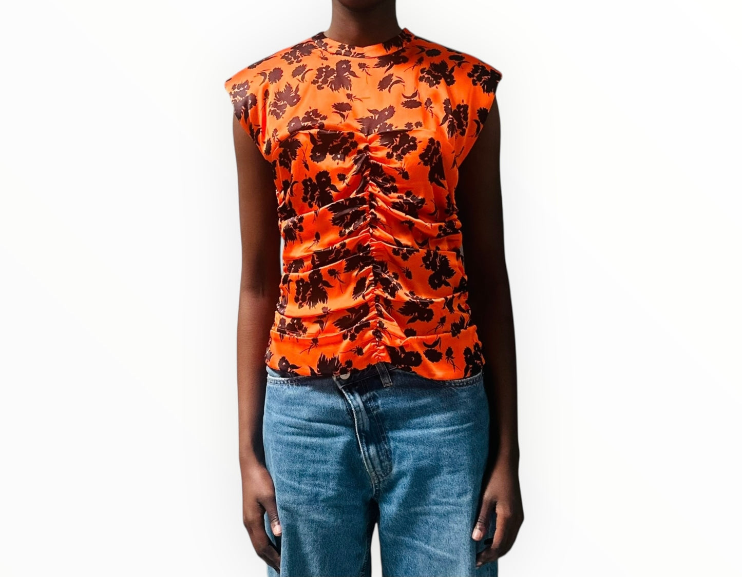 Ganni Ruched Front Top - Orange/Black - Size 38