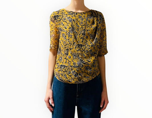 Isabel Marant Etoile Silk Sheer Sleeve Top - Yellow/Navy - Size 38