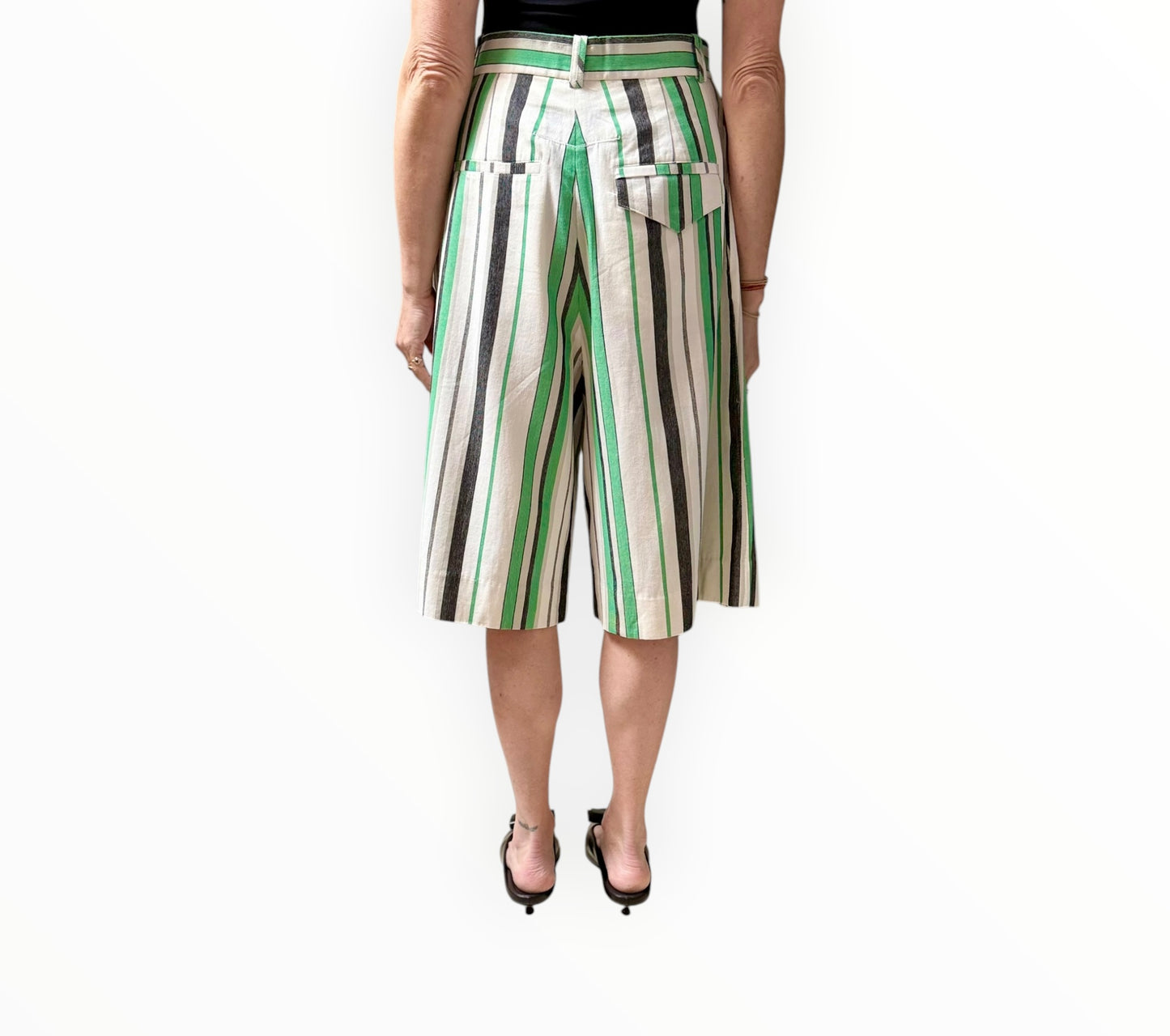 Bassike Striped Long Shorts - Black/White/Green - Size 1