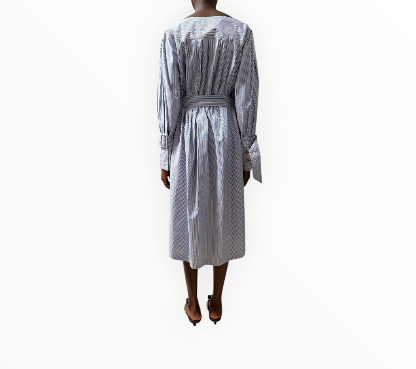 Sea Collarless Striped Shirt Dress - Blue/White - Size AU12