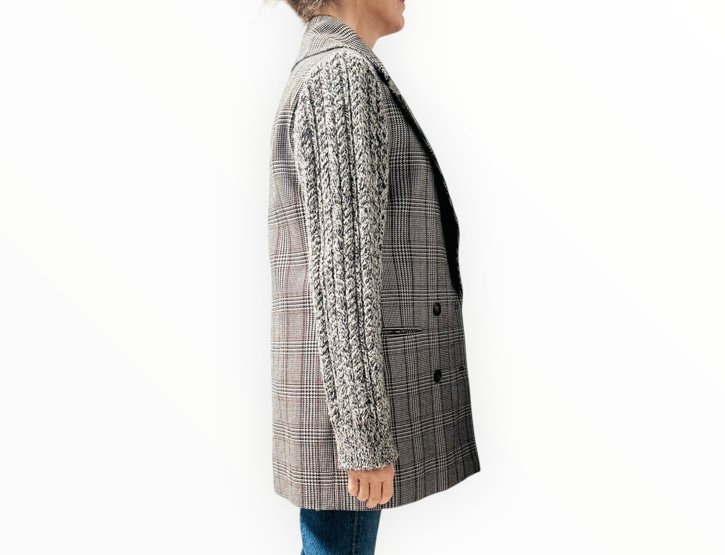 Stella McCartney Plaid Knit-Sleeve Oversized Pea Coat - Brown - Size 36