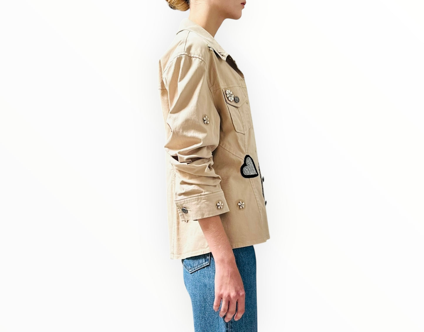 Cinq A Sept Canyon Embellished Scrunched Denim Jacket - Light Khaki - Size M