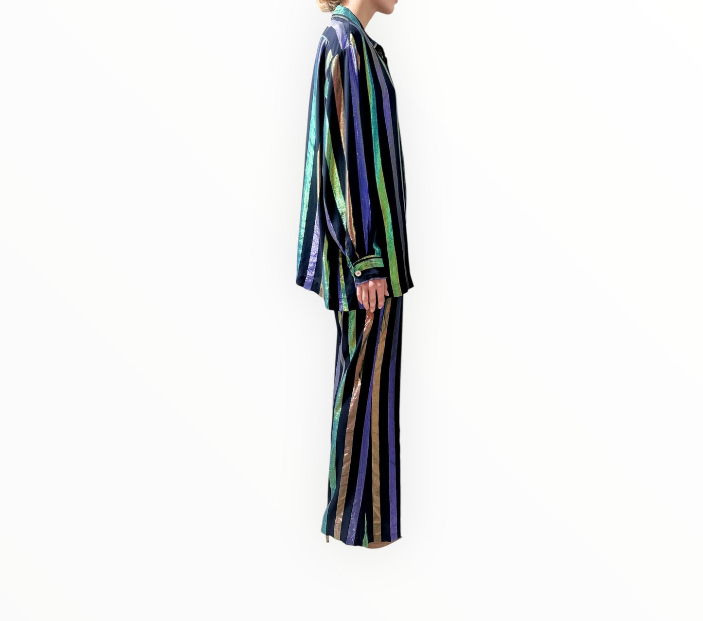 Forte Forte Metallic Stripe Shirt and Pant Set - Black Multi - Size S