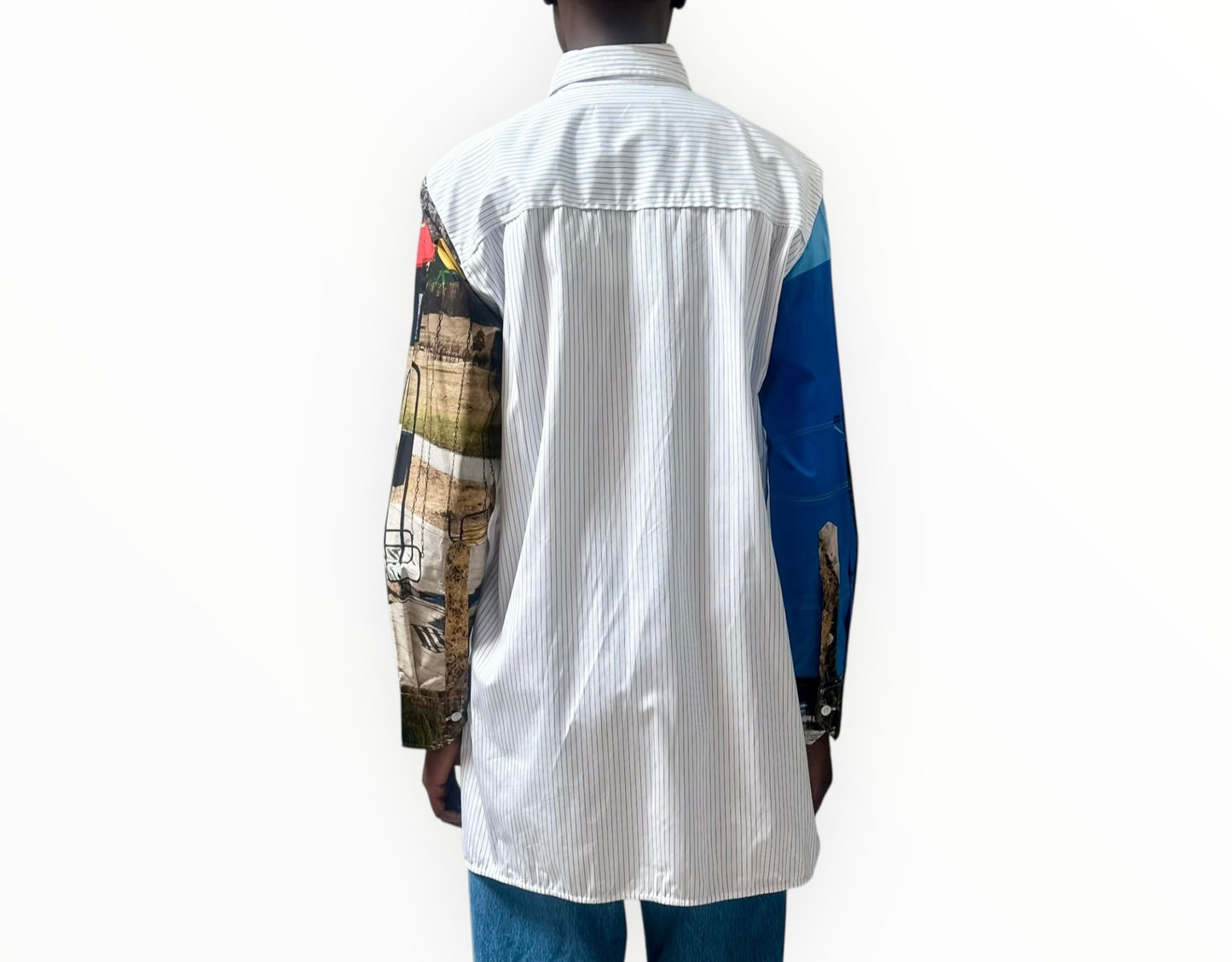 Plan C Striped Shirt with graphic print sleeves - Blue/White - Size 40