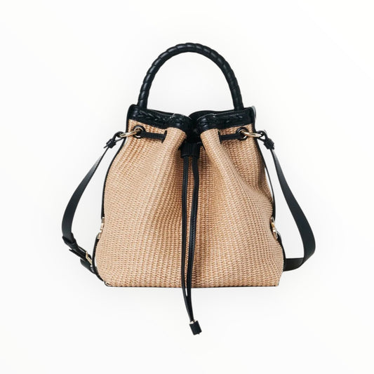 Chloe Marcie Leather-Trimmed Raffia Bucket Bag - Beige/Black - Size 24cmW 23cmH 16cmD