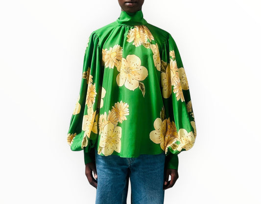 Alemais Floral Silk Blouse - Emerald/Yellow - Size AU10