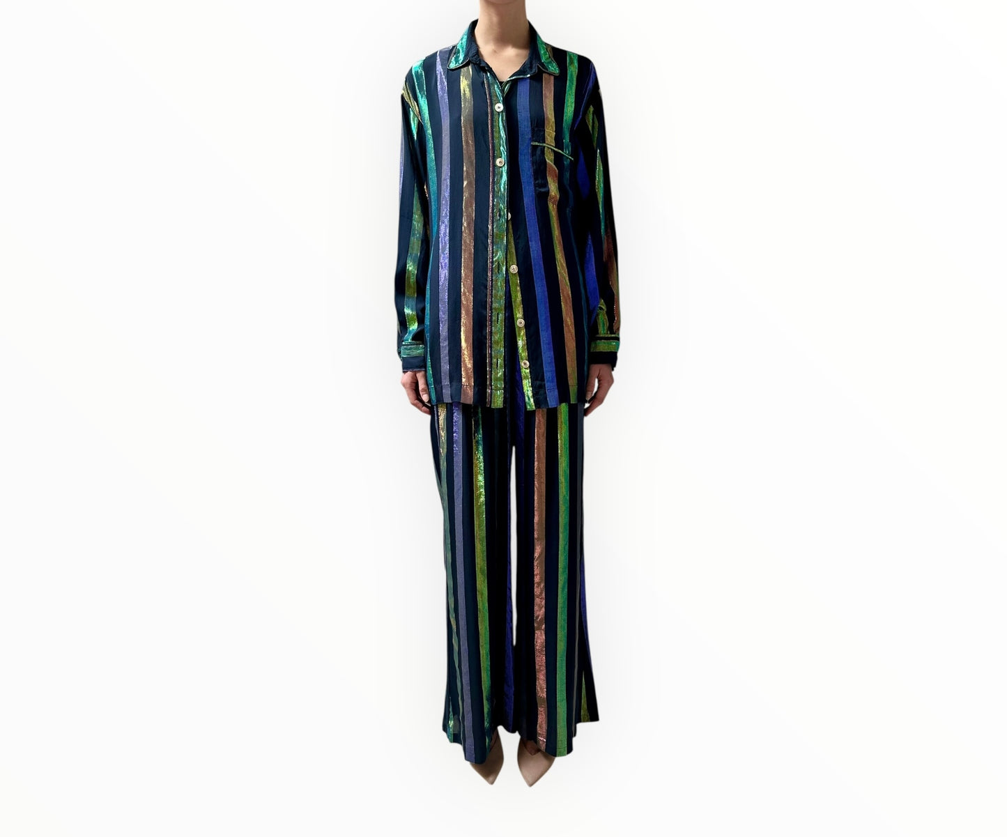 Forte Forte Metallic Stripe Shirt and Pant Set - Black Multi - Size S
