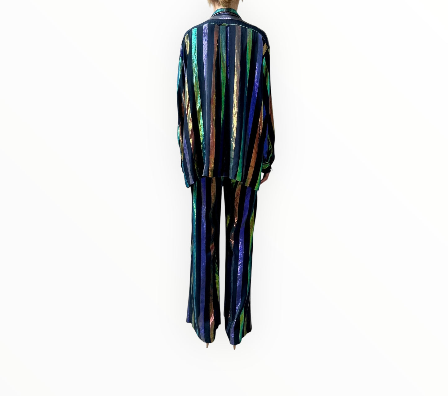 Forte Forte Metallic Stripe Shirt and Pant Set - Black Multi - Size S