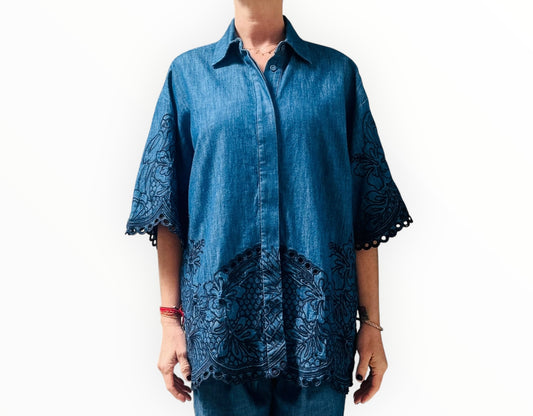 Zimmermann Denim Shirt with Embroidery Detail - Blue - Size 1