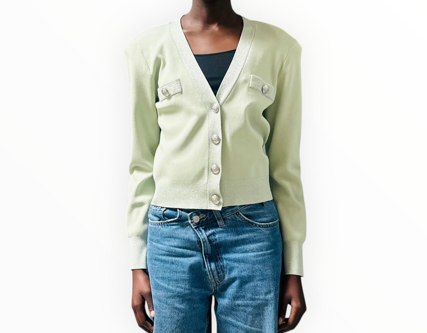 L'Agence Taya Cropped V-Neck Cardigan - Green Lurex - Size L