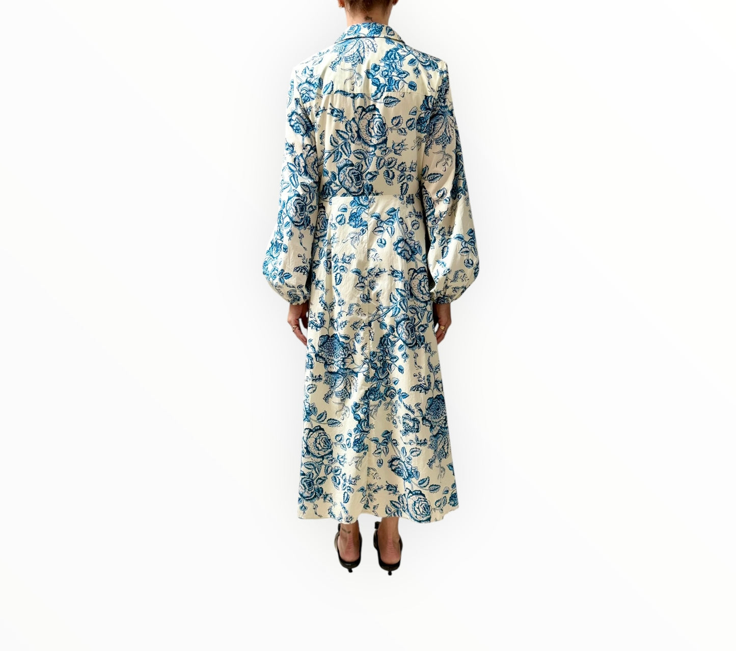 Erdem Floral Printed Button Through Dress - Blue/White - Size AU12