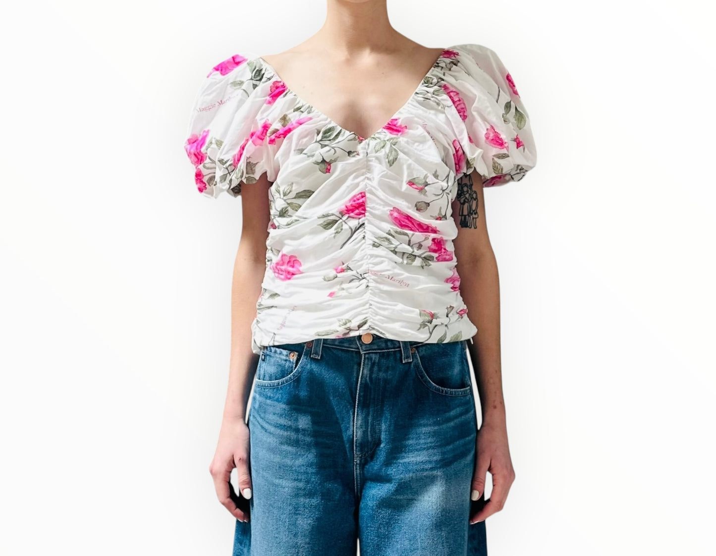 Maggie Marilyn Ruched Top - White/Pink - Size AU12
