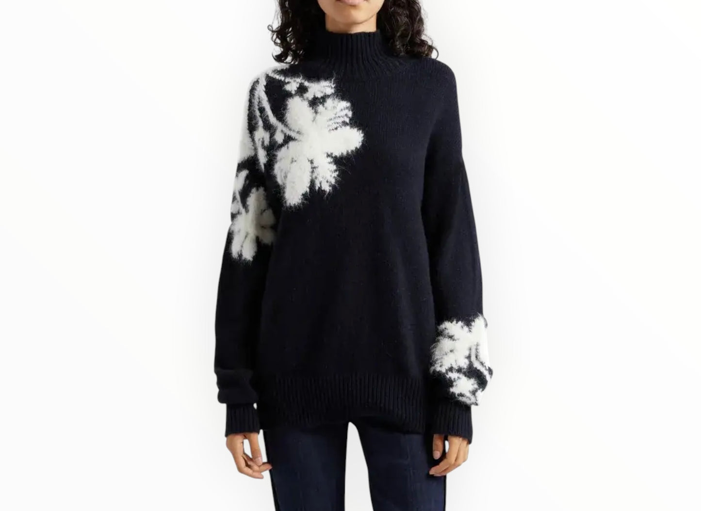Cinq a Sept Sarah Flower Sweater - Black/Ivory - Size XS