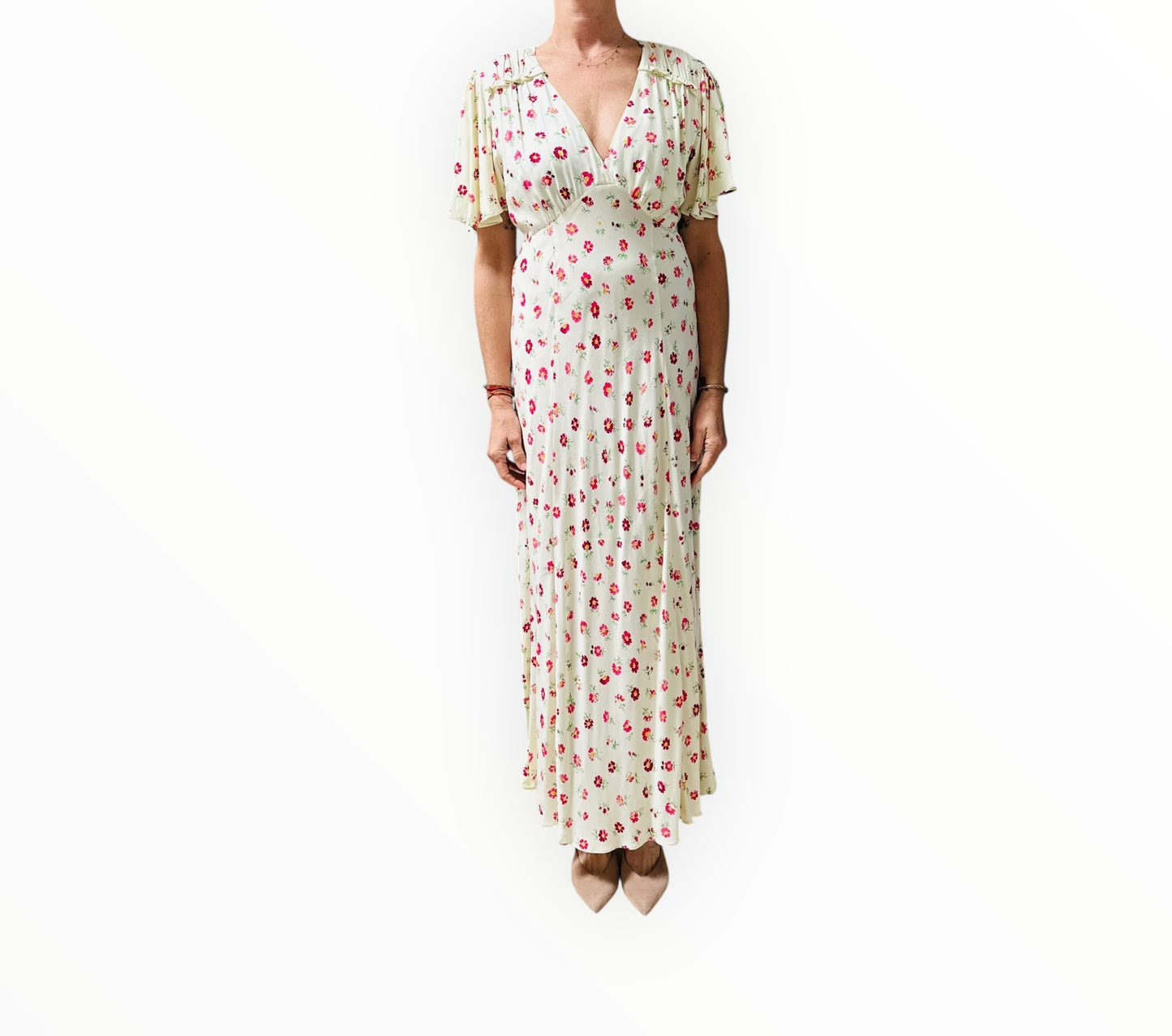 Rixo Bessie Buttercup Flutter Sleeve Midi Dress - Cream - Size S