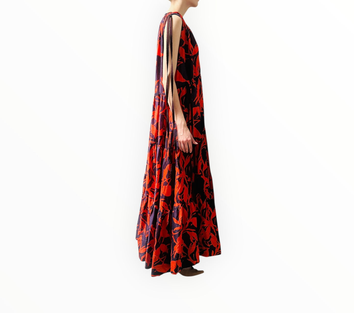Lee Mathews Abstract Print Tiered Silk Dress - Red/Navy - Size 3