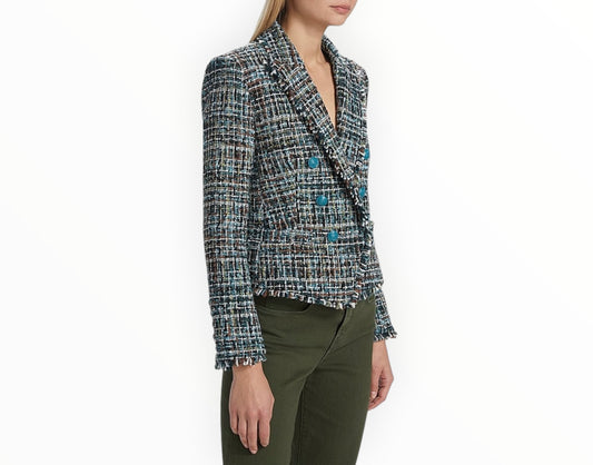 L'Agence Brooke Double Breasted Tweed Jacket - Black/Aqua - Size AU8