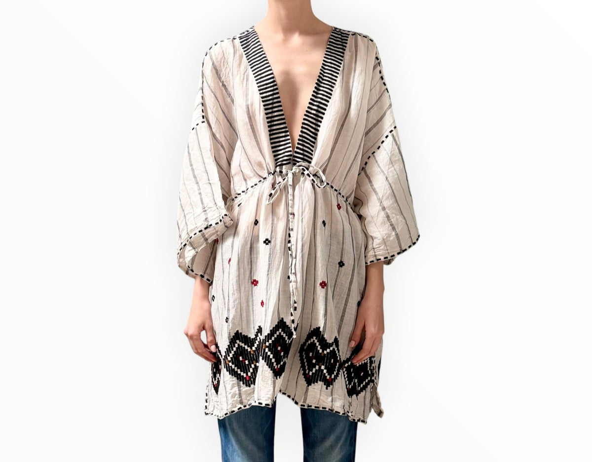 RT0006514 - Eres Brigitta Embroidered Linen Kaftan Dress -Cream/Black - Size OS