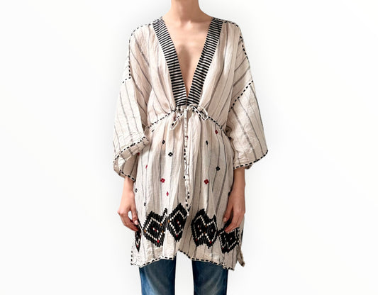 RT0006514 - Eres Brigitta Embroidered Linen Kaftan Dress -Cream/Black - Size OS