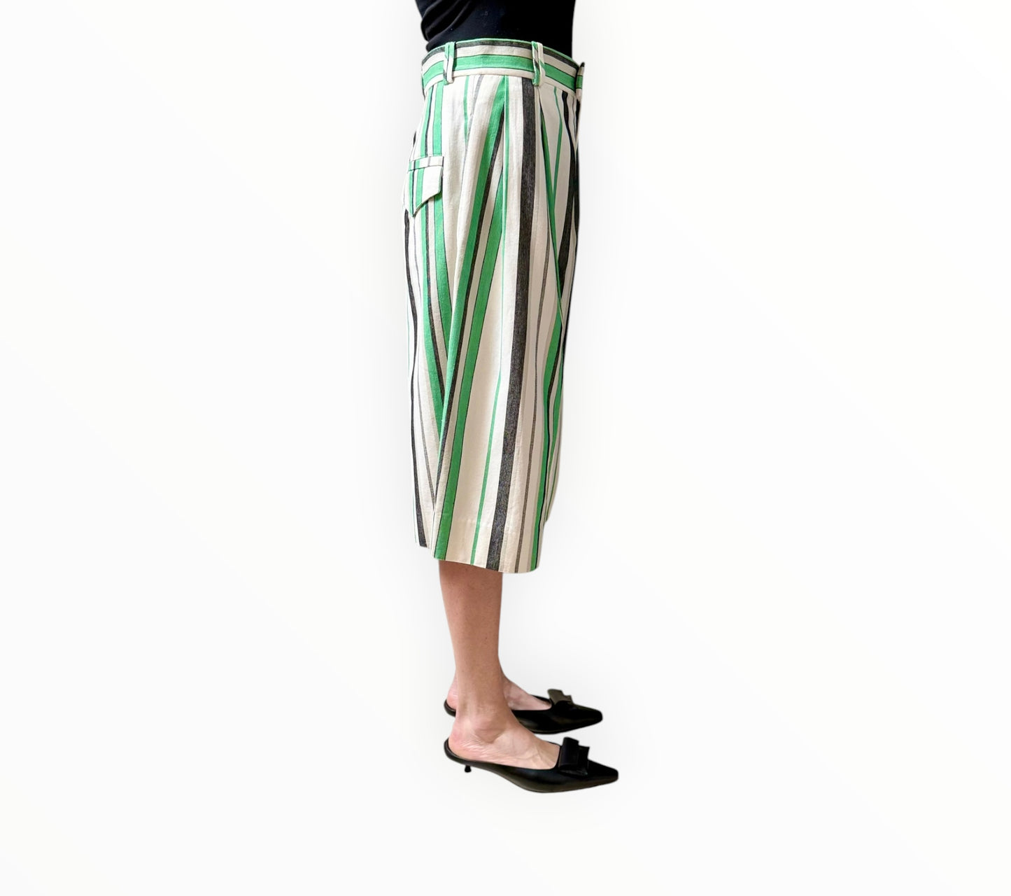 Bassike Striped Long Shorts - Black/White/Green - Size 1