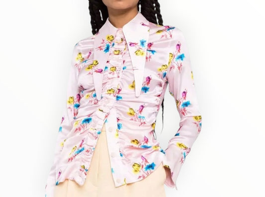 Ganni Floral-Print Ruched Shirt - Pink - Size 38