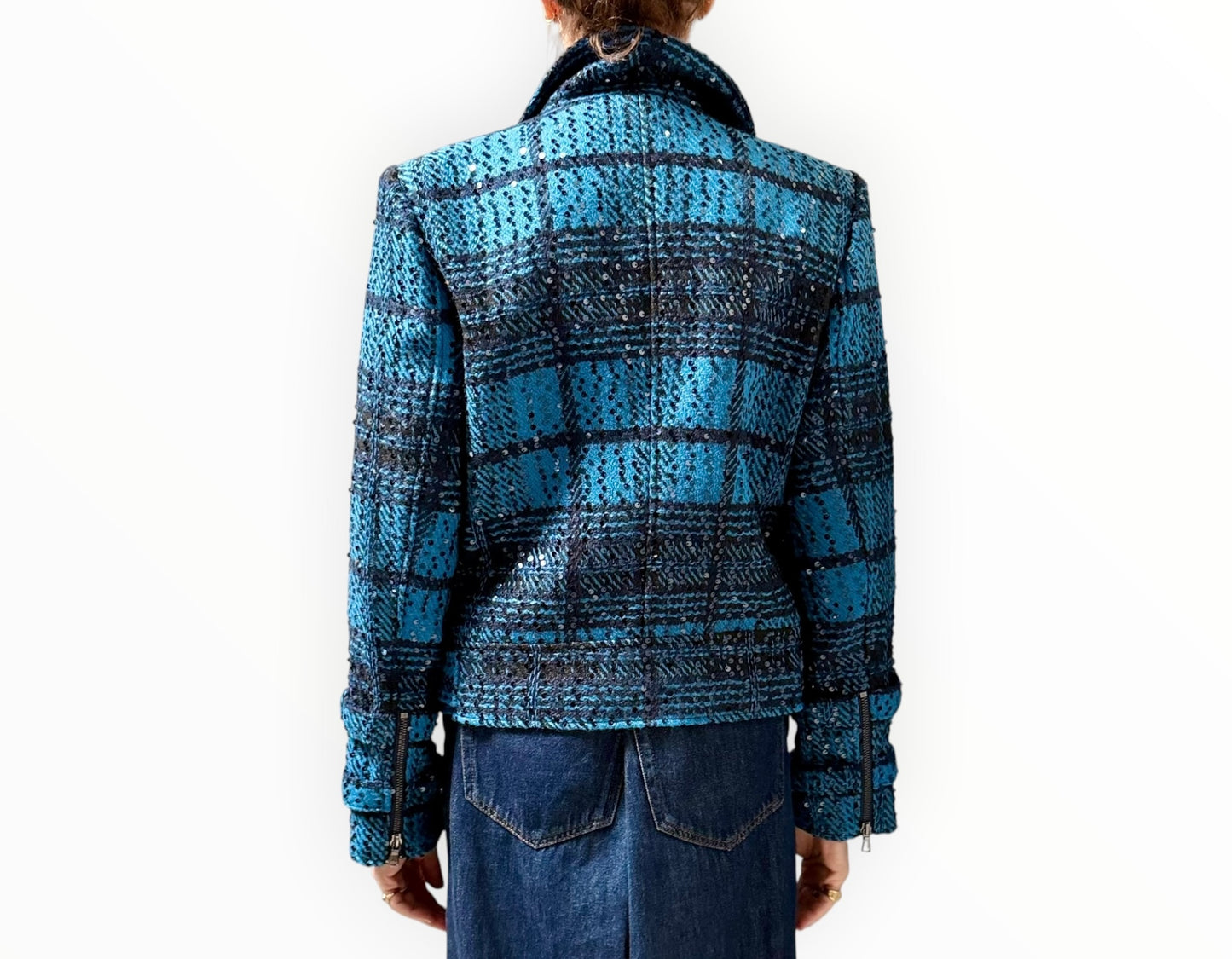 L'Agence Sequin Tweed Biker Jacket - Black/Aqua - Size L