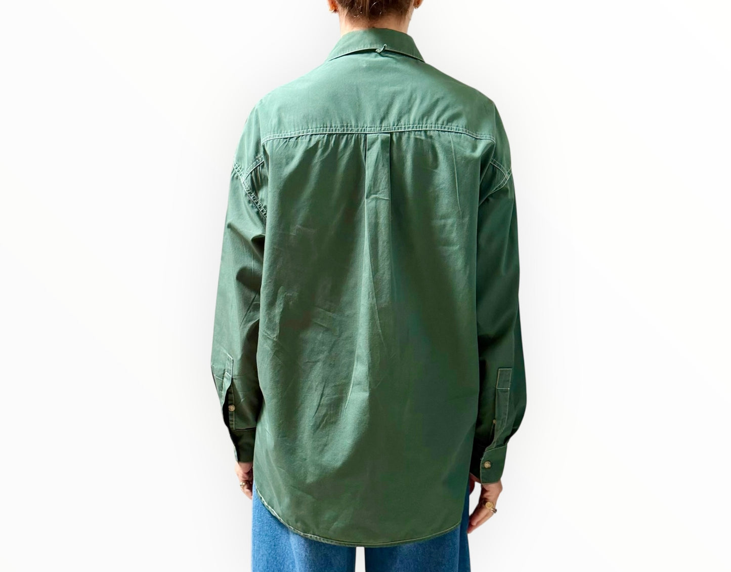 Bassike Contrast Stitch One Pocket Shirt- Green - Size 1