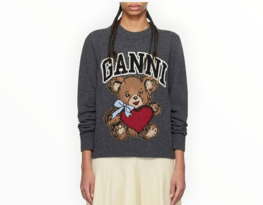 Ganni Graphic Bear Jumper - Dark Grey - Size M