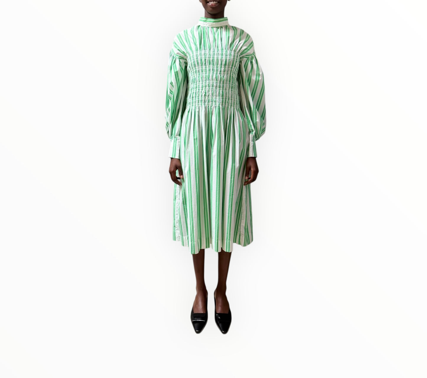 Ganni Striped Shirred Front Dress - Green/White - Size 36