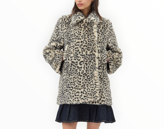 Ganni Leopard Faux Fur Coat - Cream/Black  - Size  40
