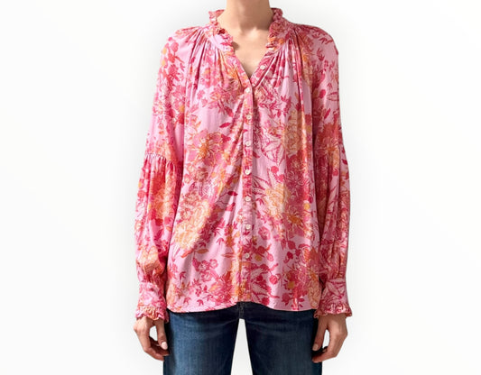 Xirena Ruffle Neck Floral Shirt - Pink - Size S