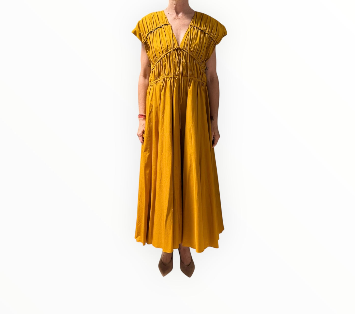 Tove Cedar Ruched Midi Dress - Mustard - Size M