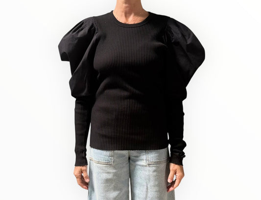 Bassike Poplin Puff Sleeve Top - Black - Size XS