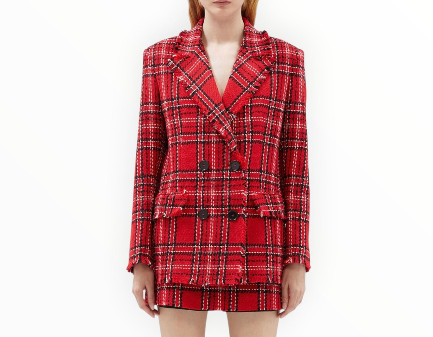 MSGM Double-Breasted Tarten Tweed Jacket - Red- Size 46