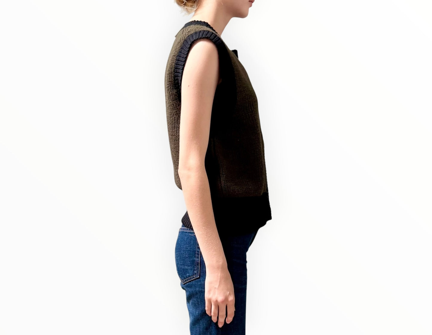 Margaret Howell Lambswool Buttoned Vest  - Khaki/Black - Size M