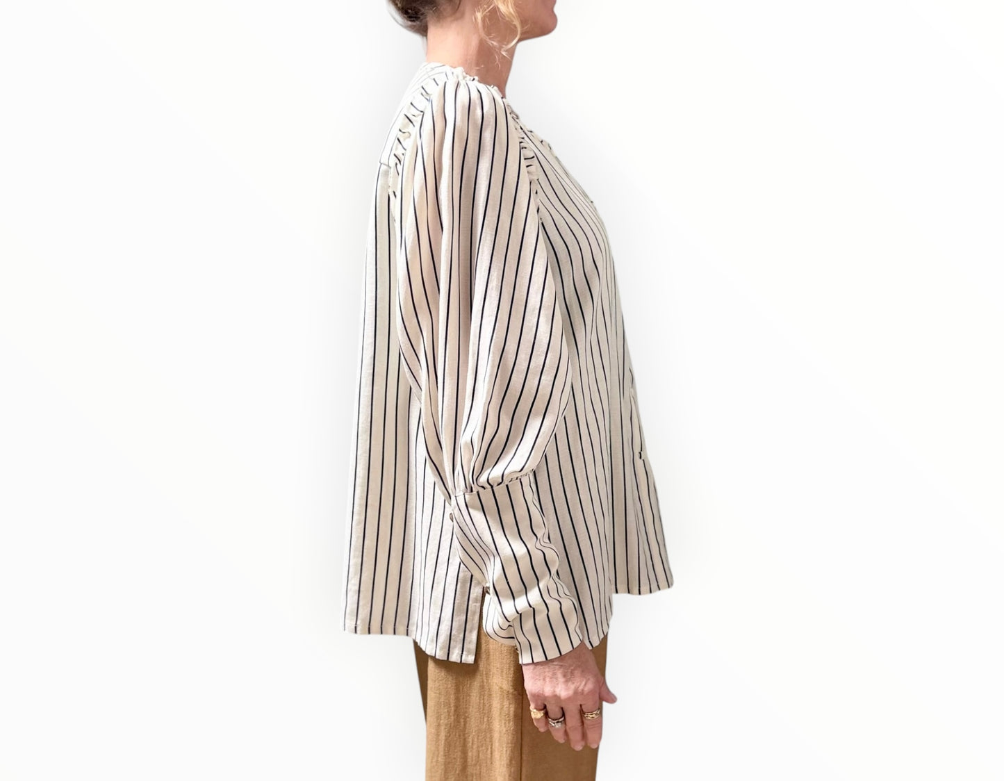 Mother of Pearl Striped Blouse - White/Navy - Size 10