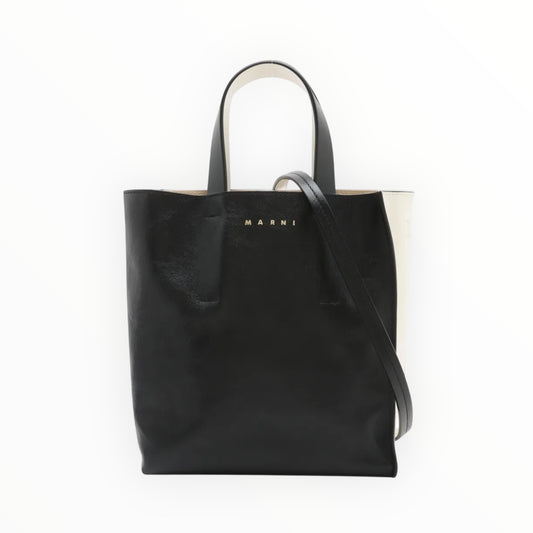 Marni Museo Leather 2 Way Handbag - Black/White - Size W19cm x H21.5cm x D10.5cm