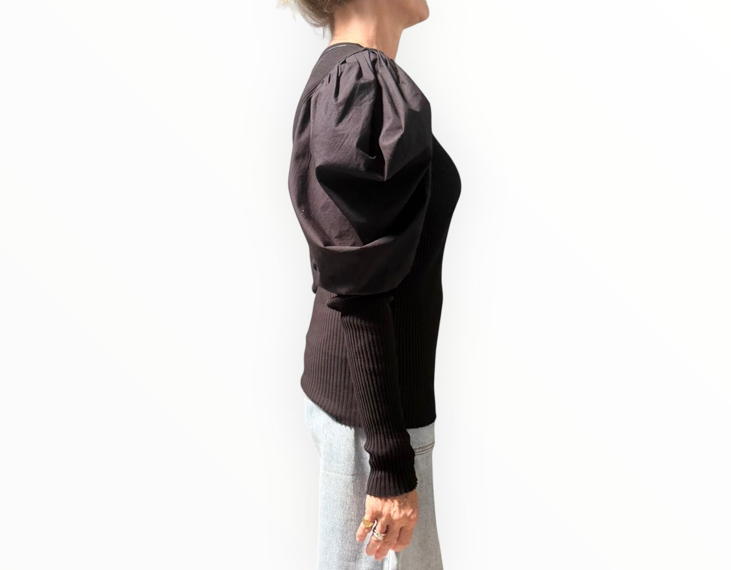 Bassike Poplin Puff Sleeve Top - Black - Size XS