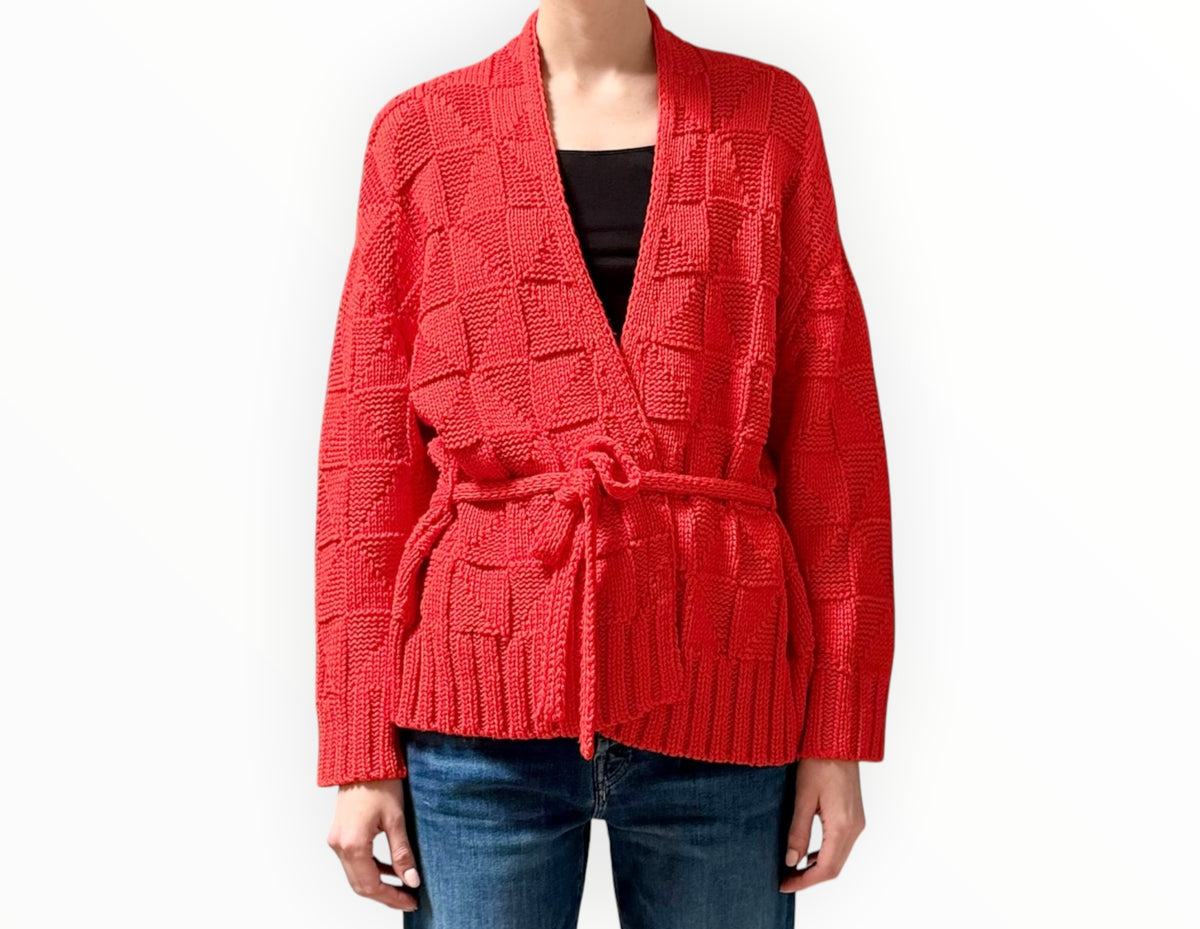RT006399 - Dries Van Noten Check Knit Cardigan with Ties - Red - Size S