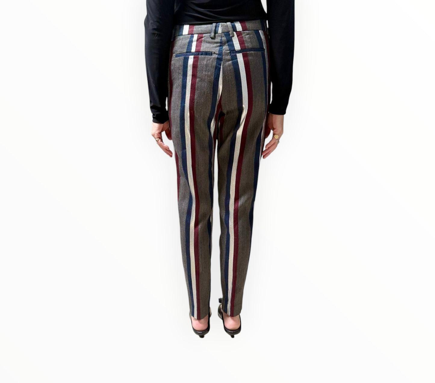 Dries Van Noten Lurex Stripe Pants - Navy/Burgundy/Silver  - Size 38