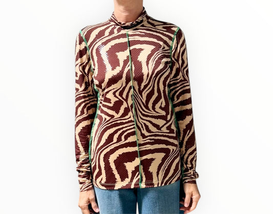 Ganni Slinky Printed Top - Brown/Beige - Size 40