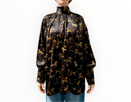 Ganni Stretch Silk Horse Print Shirt - Black Multi - Size XXS/XS
