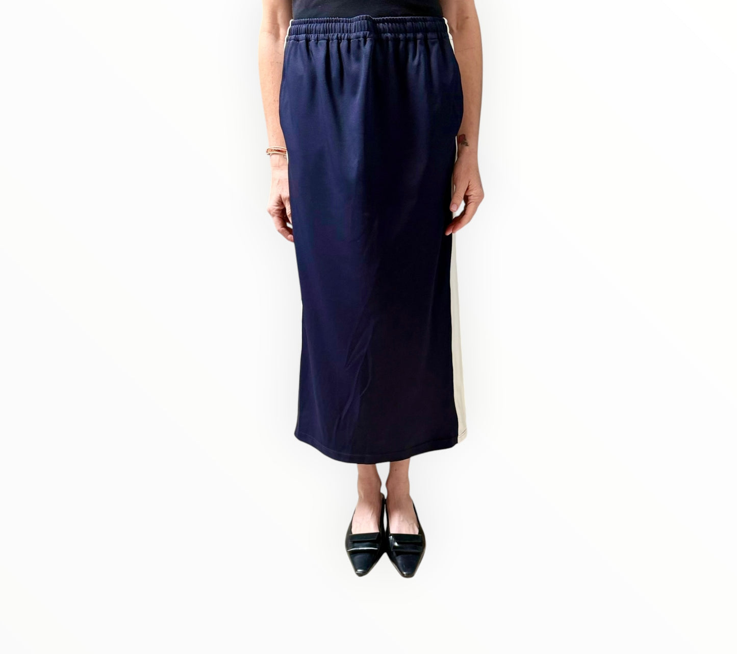 Bassike Side Stripe Skirt - Navy/Cream - Size 2