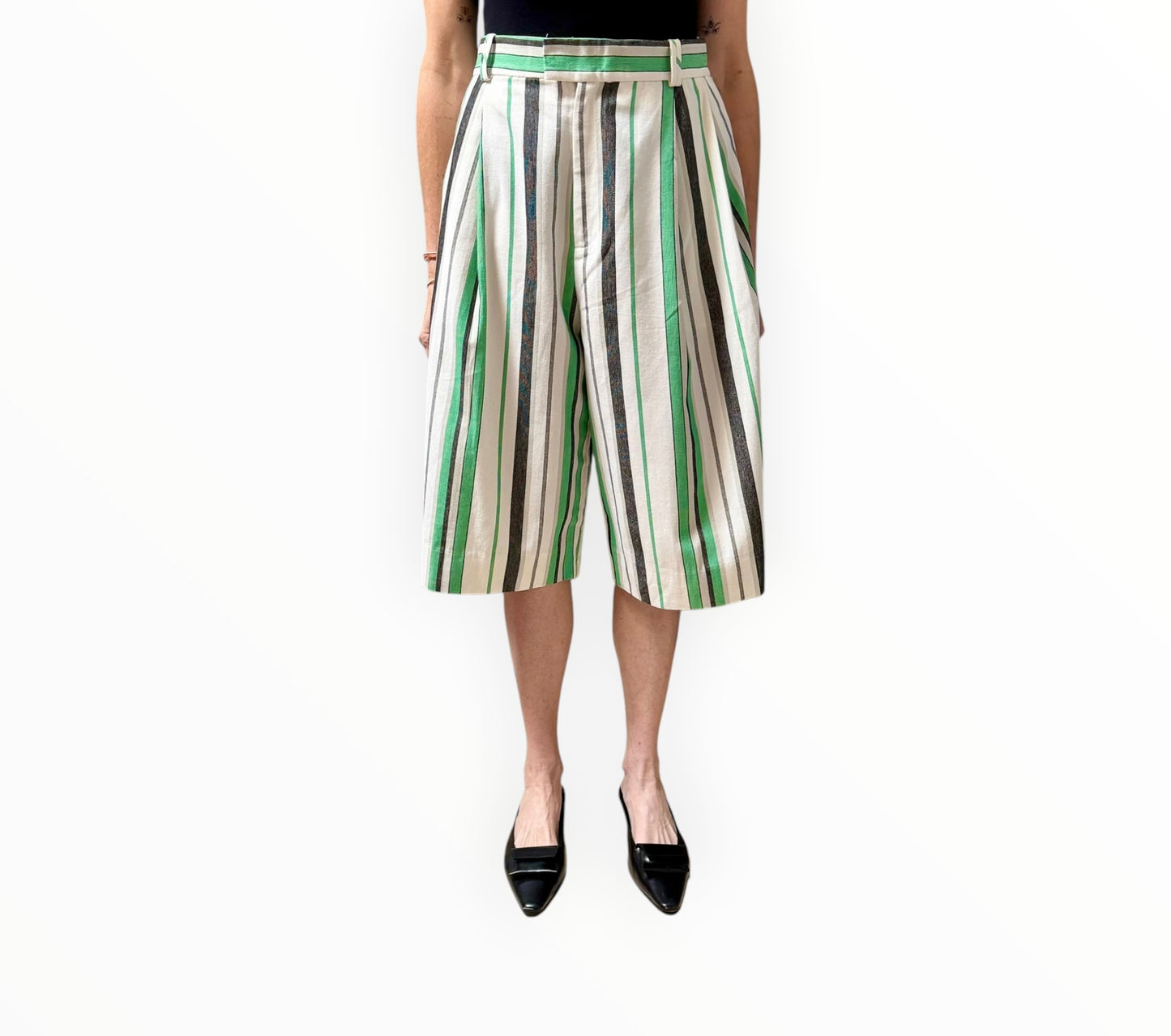 Bassike Striped Long Shorts - Black/White/Green - Size 1