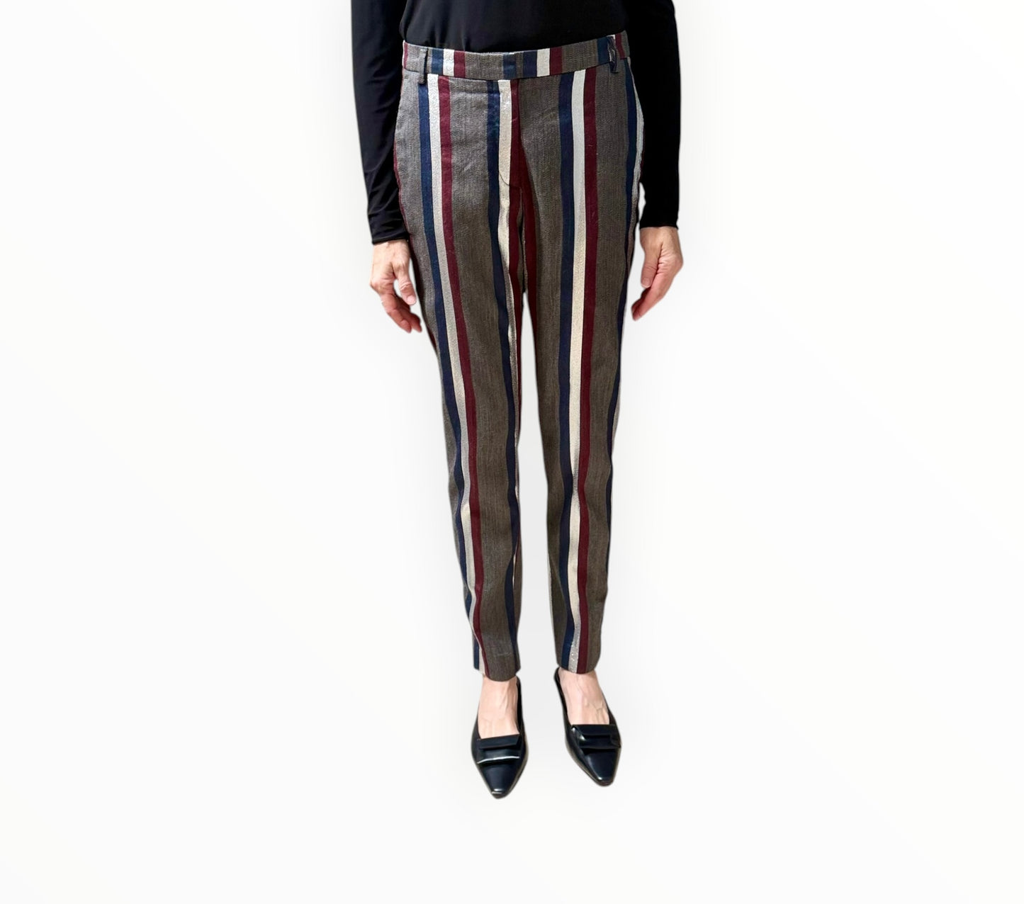 Dries Van Noten Lurex Stripe Pants - Navy/Burgundy/Silver  - Size 38